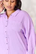 Texture Button Up Raw Hem Long Sleeve in Light Purple