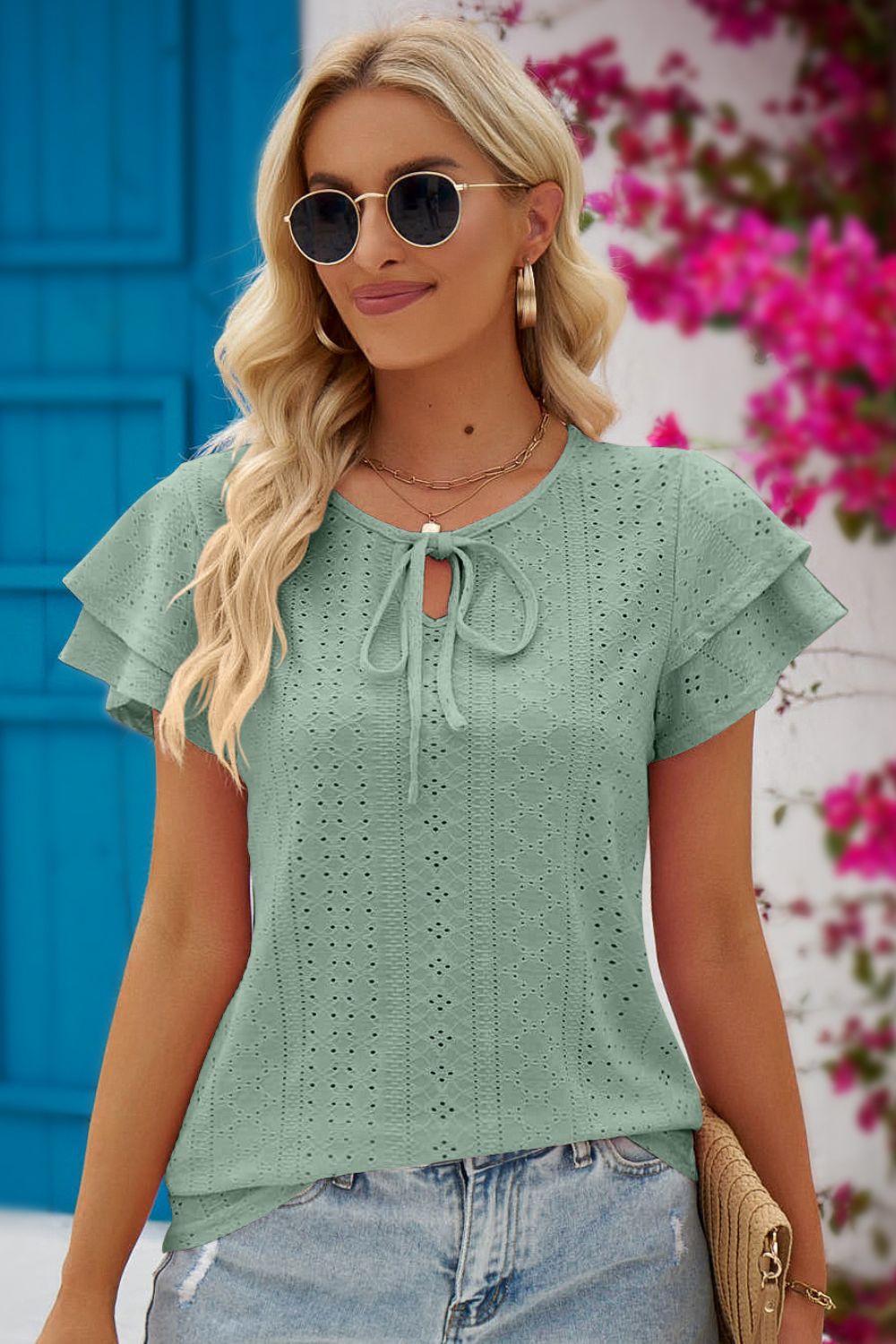 Riley Eyelet Tie-Neck Flutter Sleeve Blouse