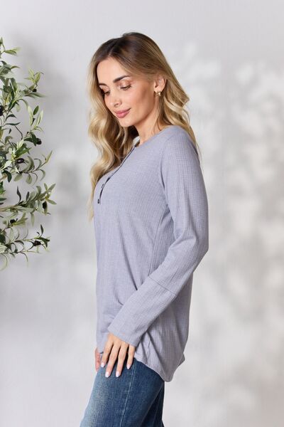 Texture Half Button Long Sleeve Top