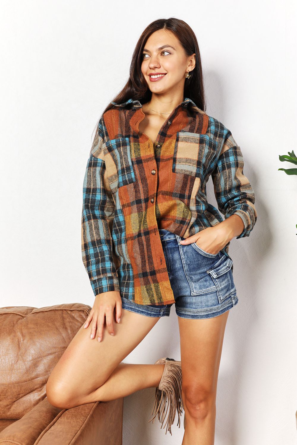 Jessie Plaid Curved Hem Shirt Jacket with Breast Pockets