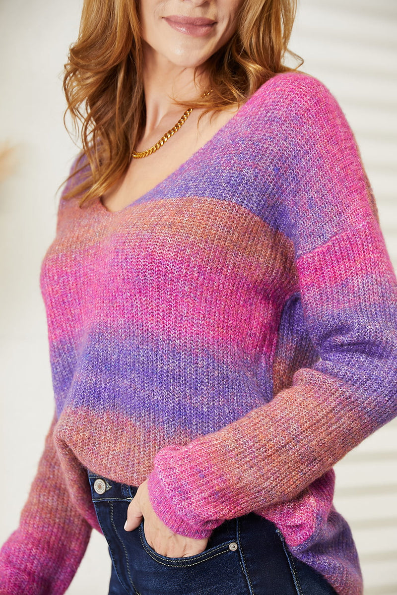 Virginia Multicolored Rib-Knit V-Neck Knit Pullover