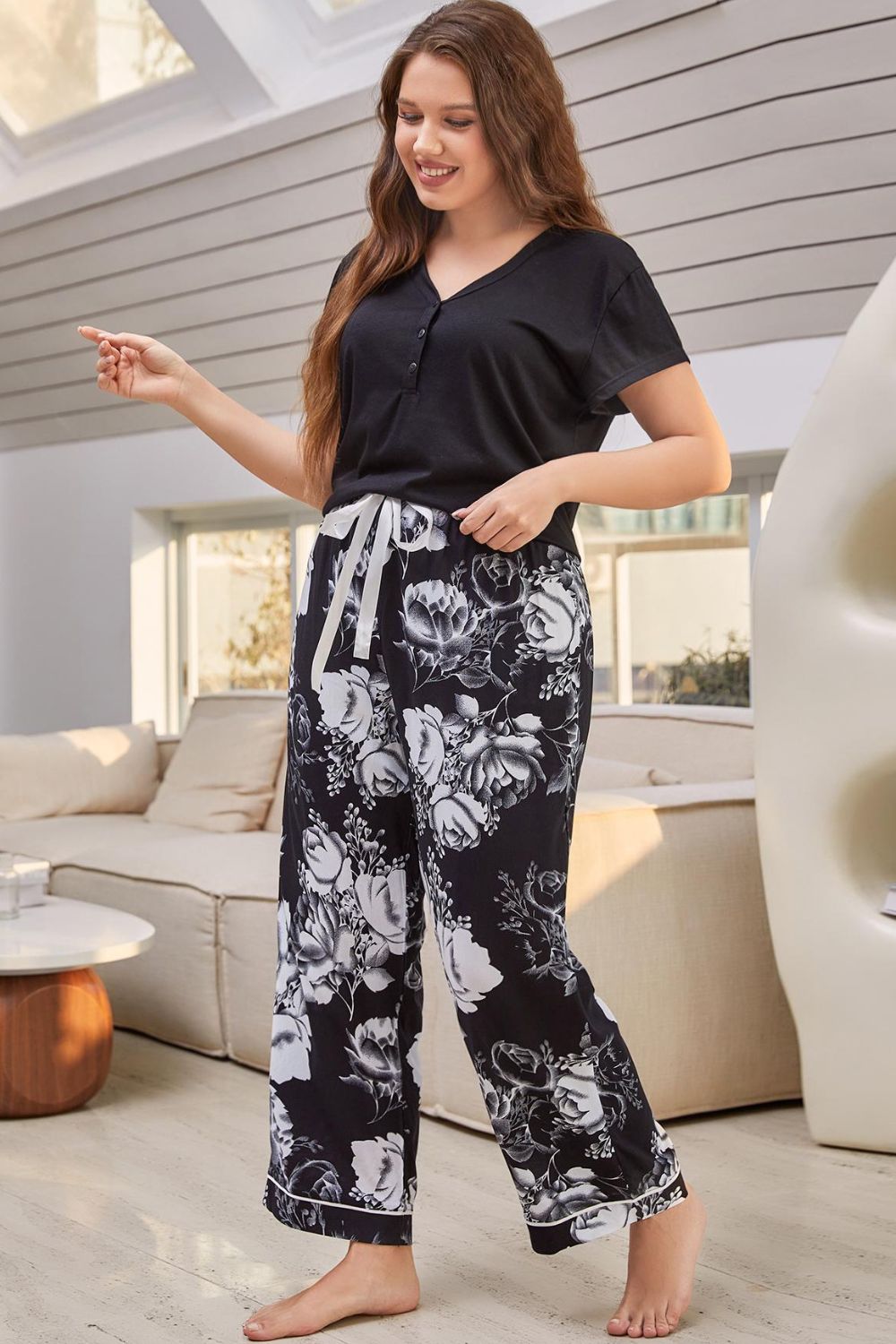 V-Neck Top and Floral Pants Lounge Set