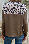 Leopard Buttoned Round Neck Drop Shoulder Top