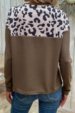 Leopard Buttoned Round Neck Drop Shoulder Top