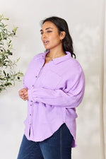 Texture Button Up Raw Hem Long Sleeve in Light Purple