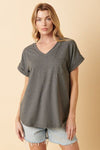 V-Neck Rolled Short Sleeve T-Shirt