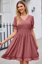 Swiss Dot Flounce Sleeve V-Neck Dress