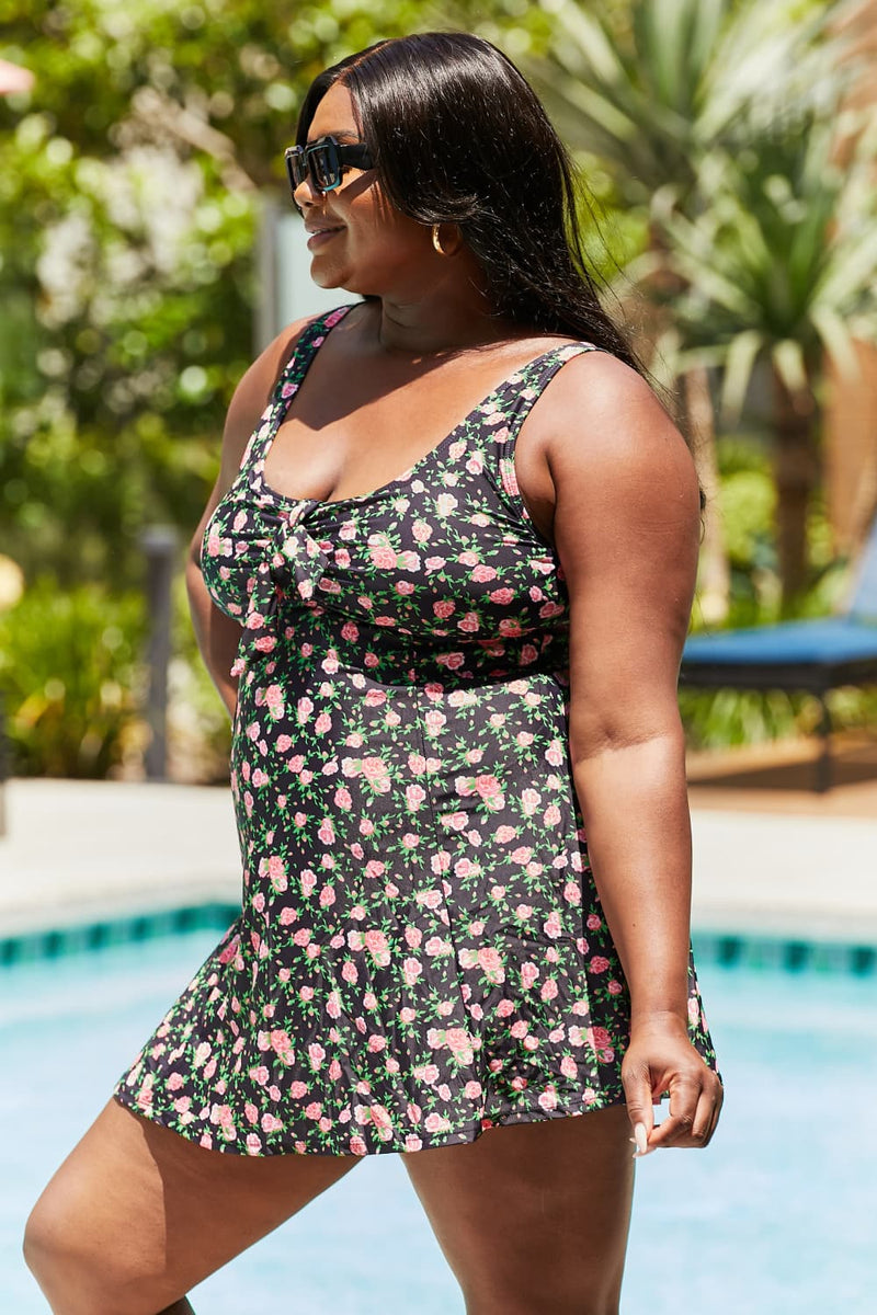 Clear Waters Swim Dress in Black Roses