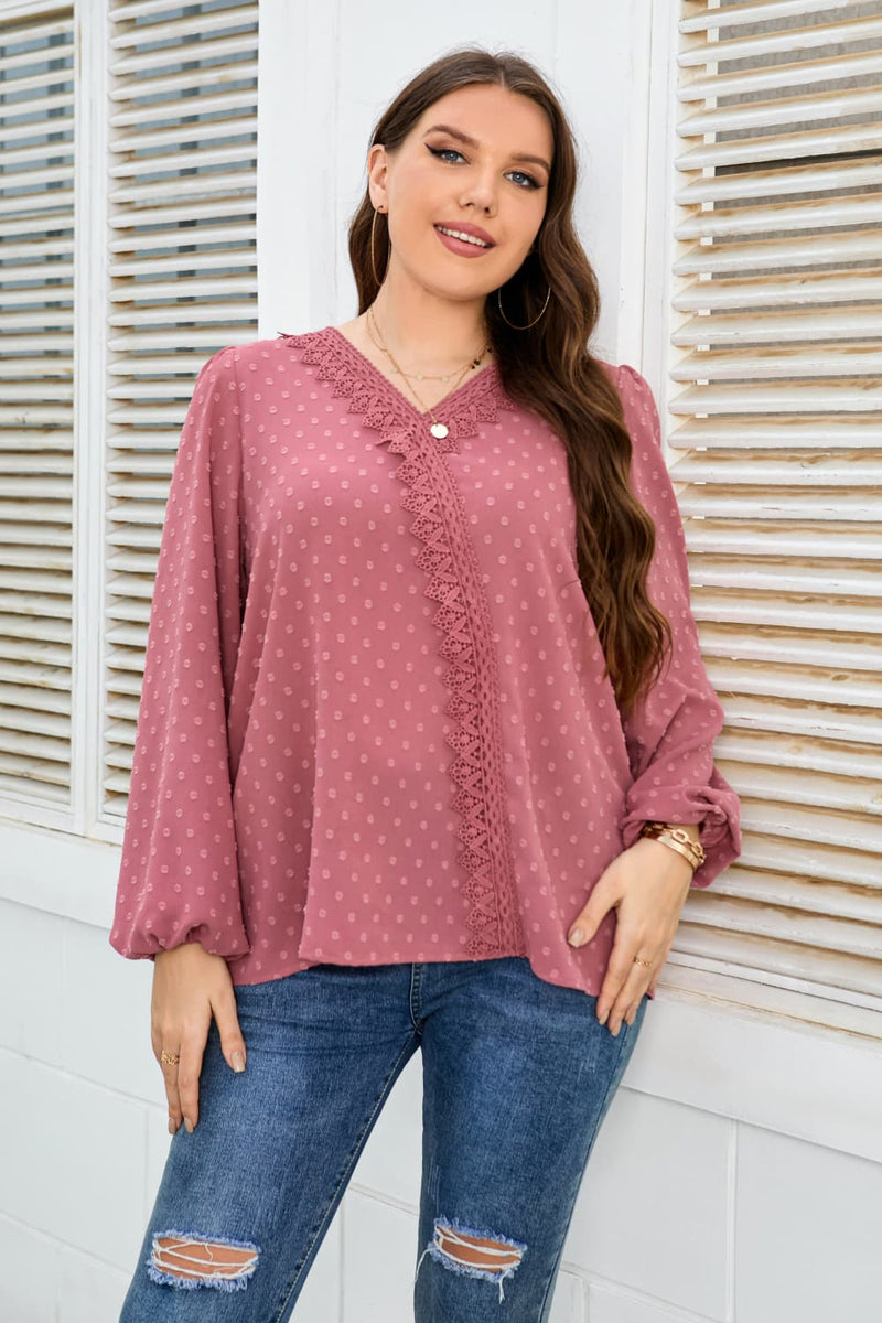 Plus Size Lace Trim Balloon Sleeve Blouse