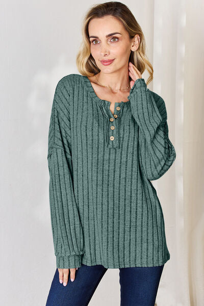 Lucy Ribbed Half Button Long Sleeve