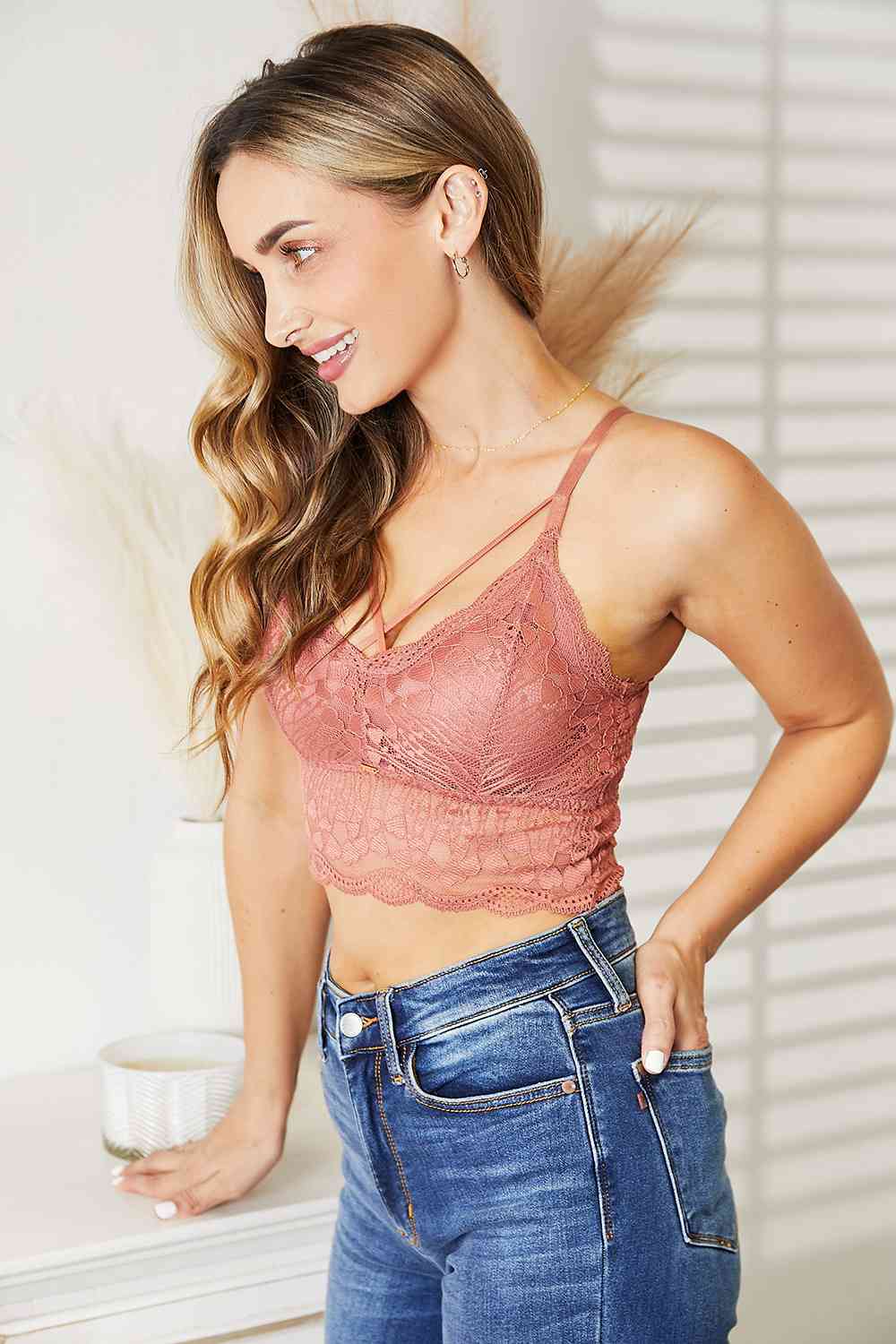 JadyK Crisscross Front Lace Bralette in Mauve