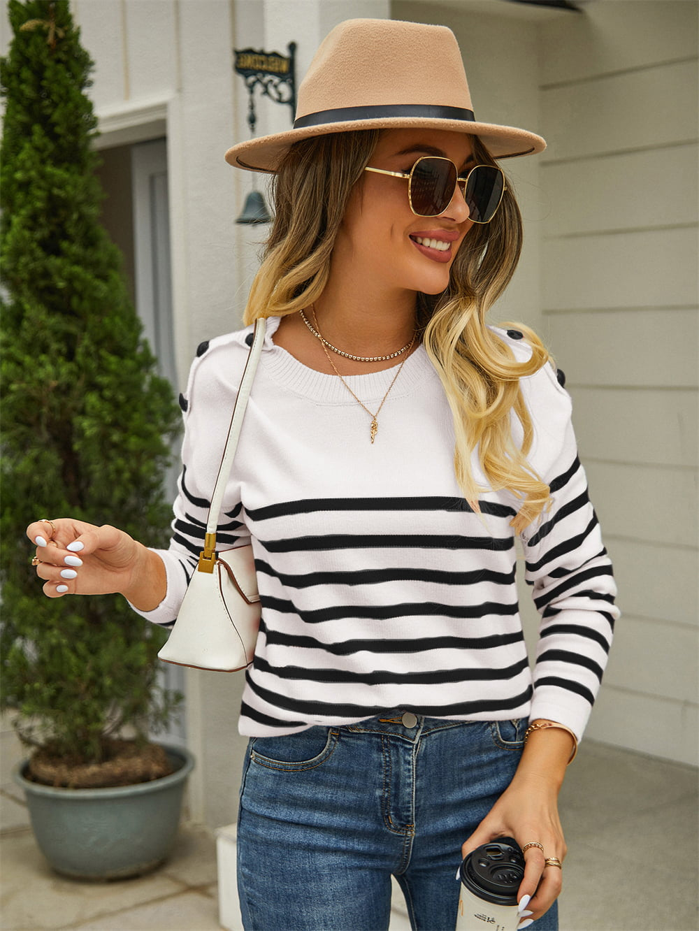 Ava Button Shoulder Striped Sweater