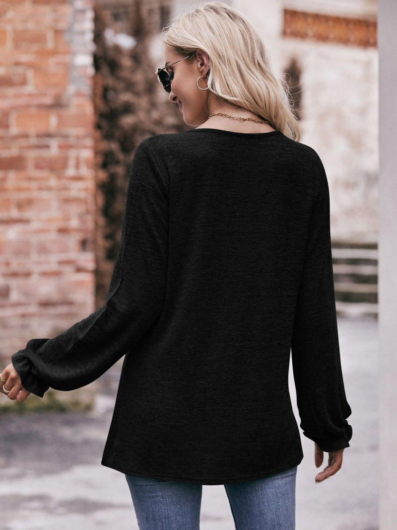 Long Flounce Sleeve Round Neck Blouse