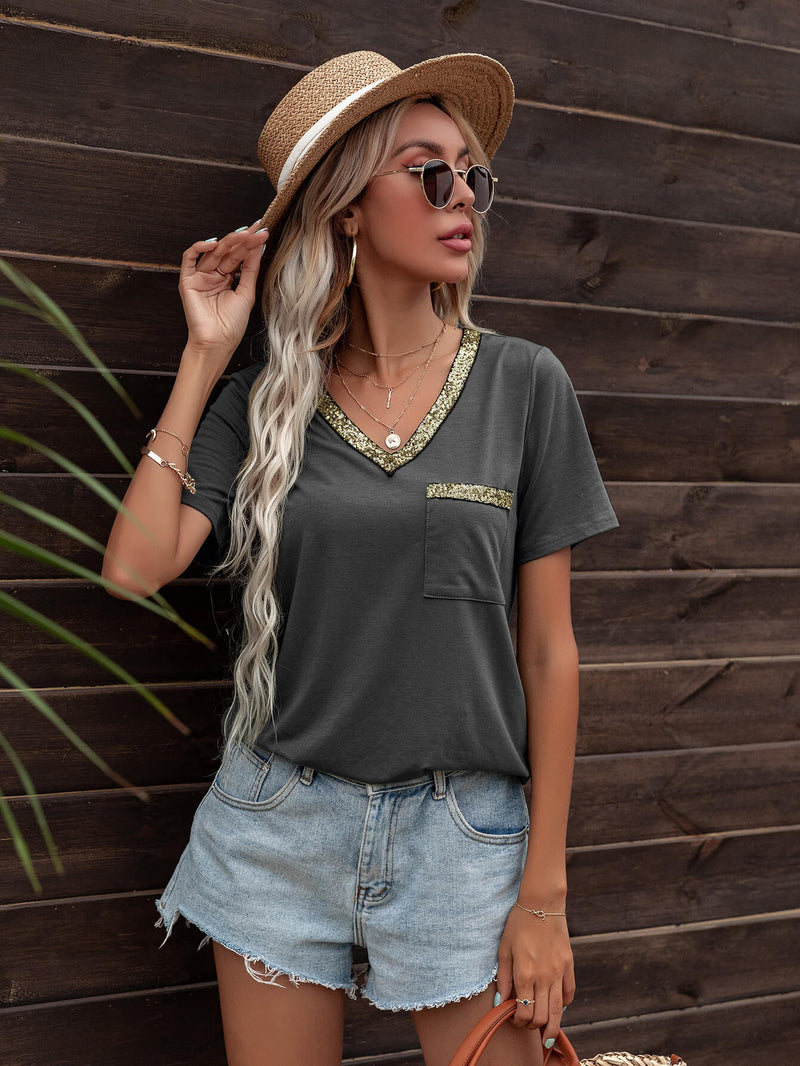 Glitter V-Neck Short Sleeve Tee Shirt