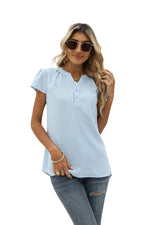 Swiss Dot Notched Neck Short Sleeve Top