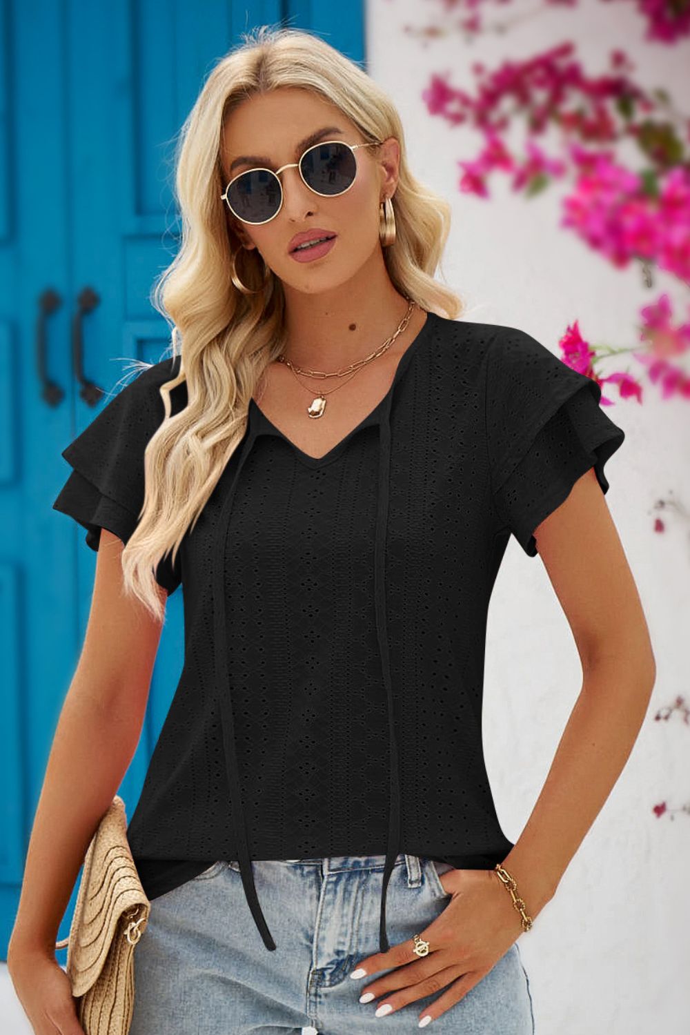 Riley Eyelet Tie-Neck Flutter Sleeve Blouse