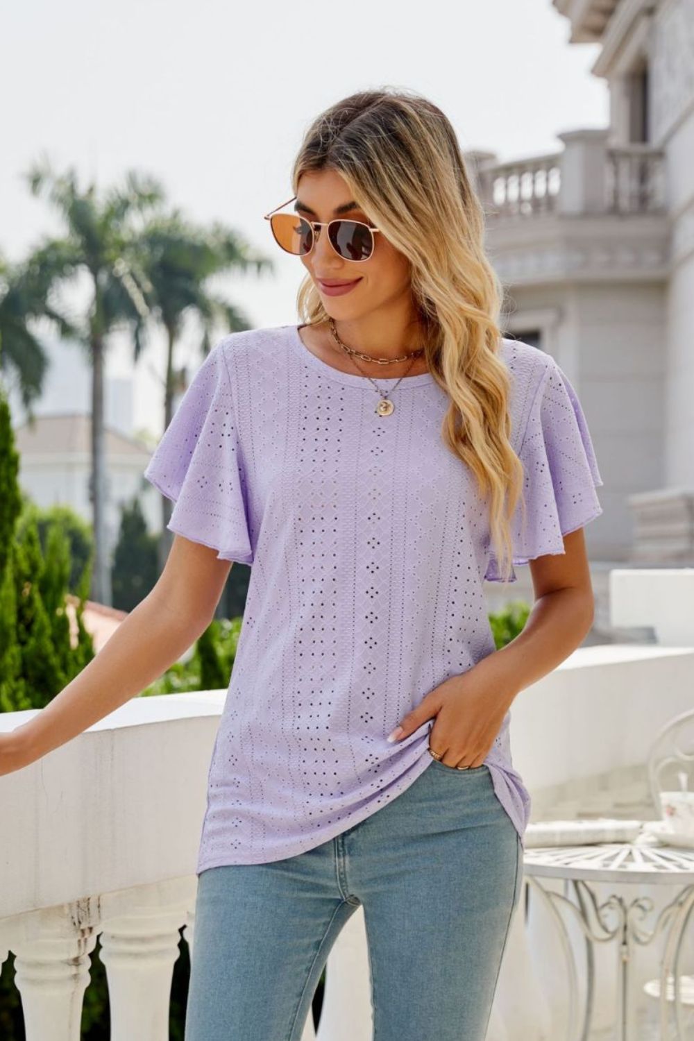 Eyelet Flutter Sleeve Top