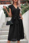 Tie Belt V-Neck Pleated Dress