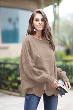 Openwork Boat Neck Sweater with Scalloped Hem- 12 Colors