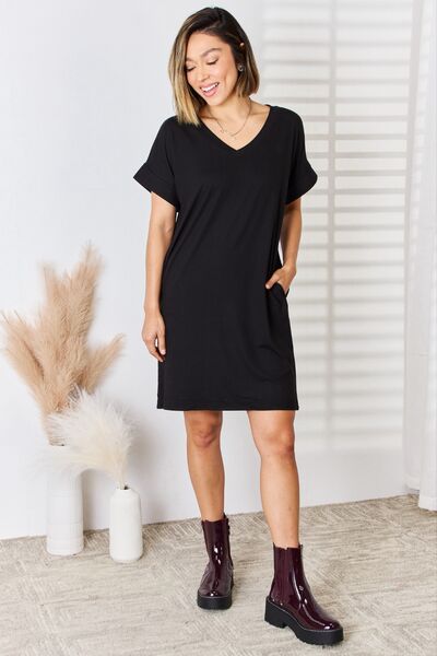 Bree Rolled Sleeve V-Neck Dress