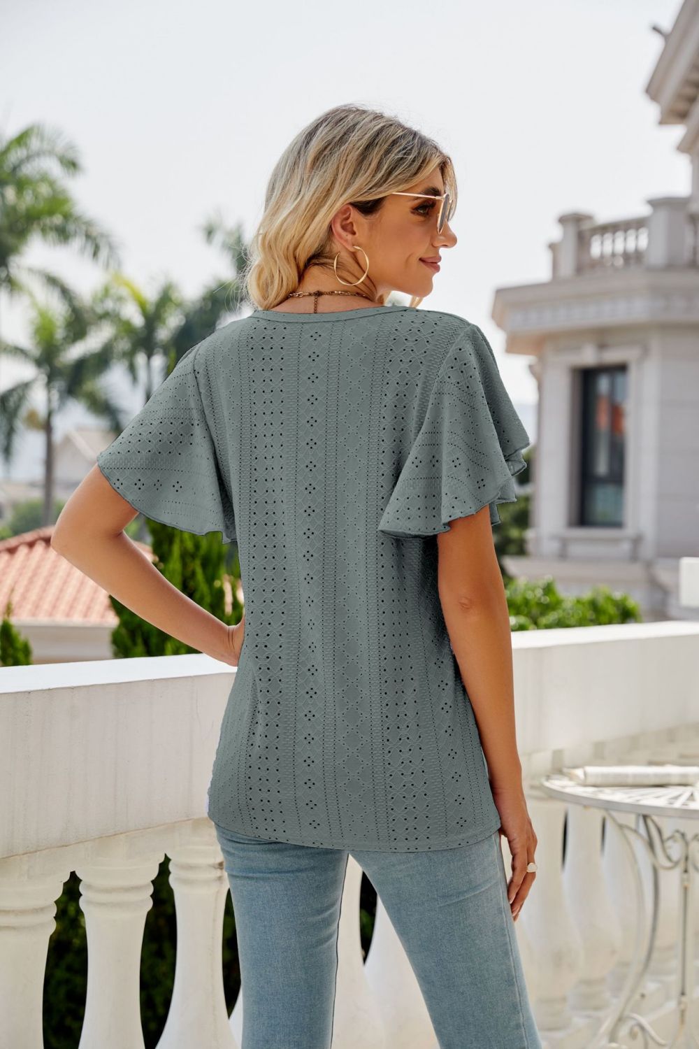 Eyelet Flutter Sleeve Top