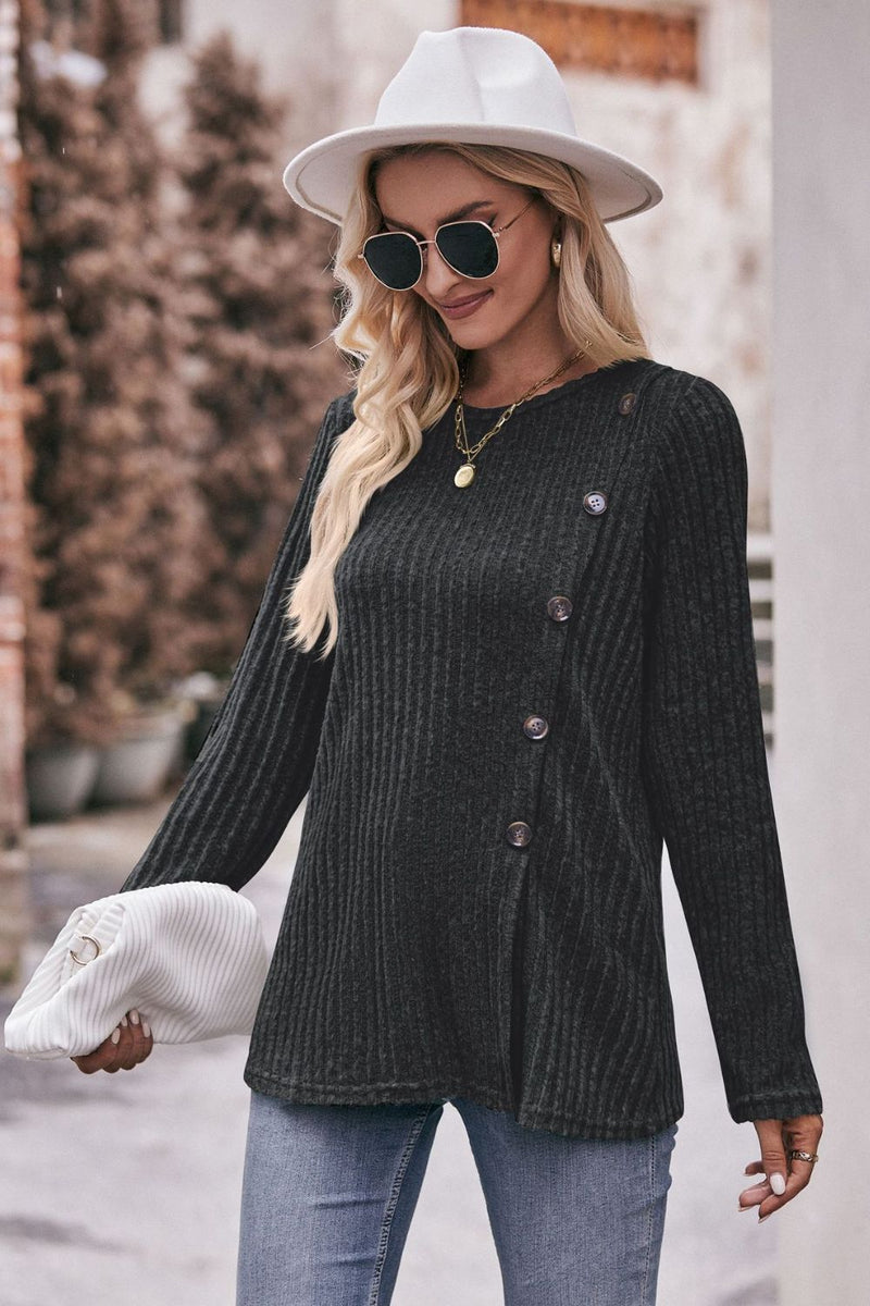 Desiree Ribbed Buttoned Long Sleeve Tee