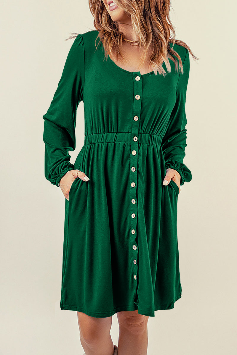 Button Down Long Sleeve Dress with Pockets- 3 Colors