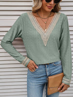 Contrast V-Neck Eyelet Long Sleeve Top