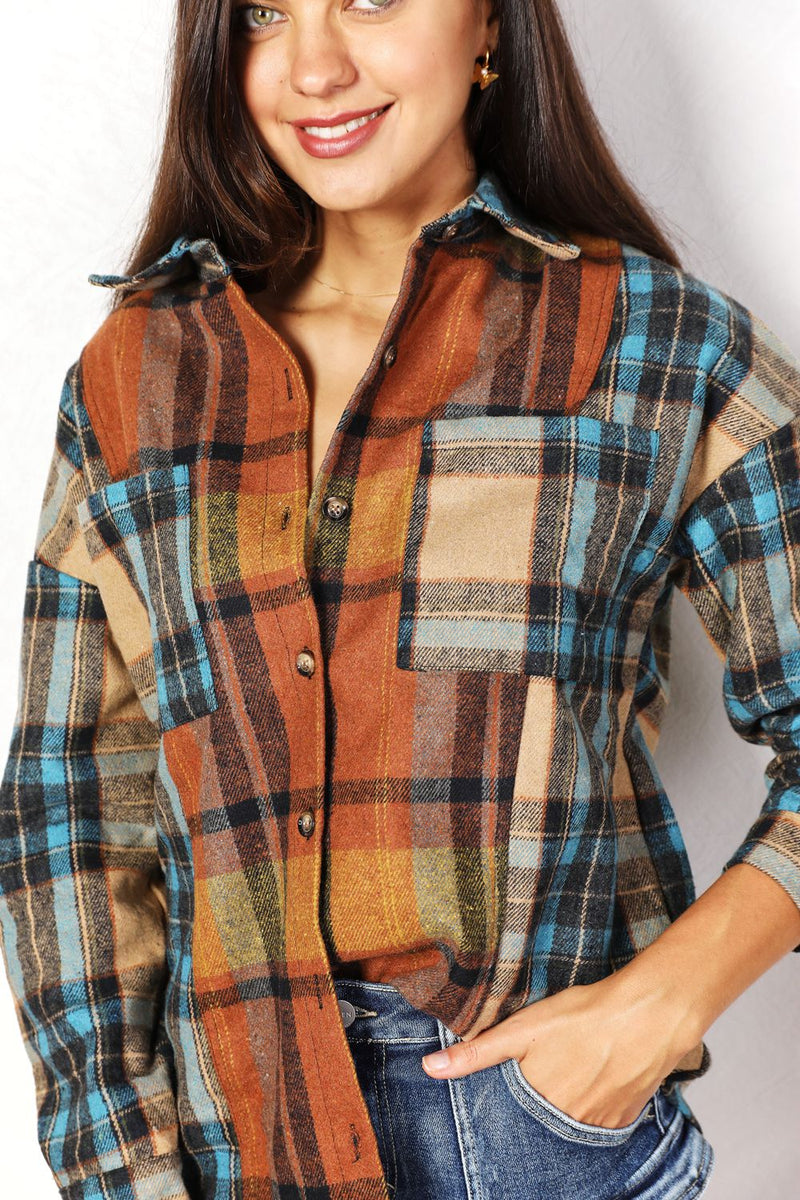 Jessie Plaid Curved Hem Shirt Jacket with Breast Pockets