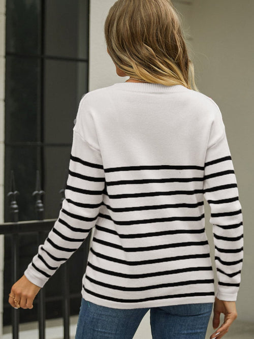 Ava Button Shoulder Striped Sweater