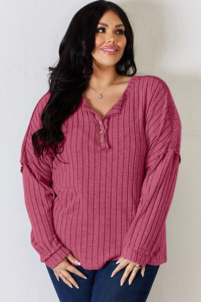 Lucy Ribbed Half Button Long Sleeve