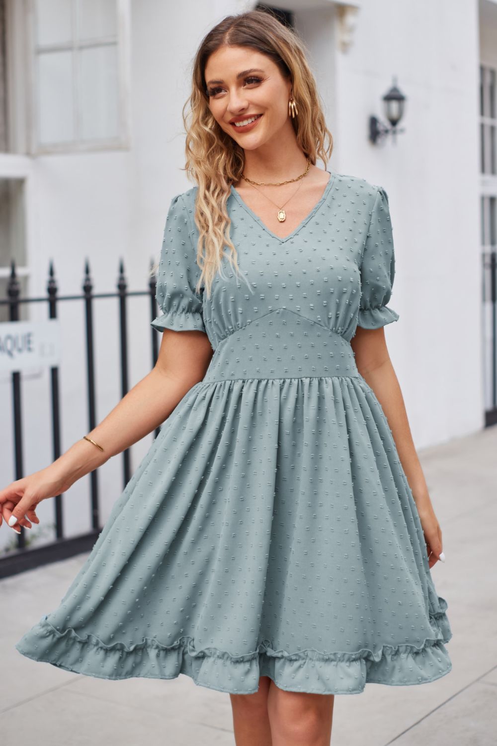 Swiss Dot Flounce Sleeve V-Neck Dress