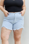 RISEN Katie High Waisted Distressed Shorts in Ice Blue