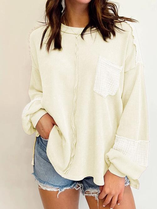 Melinda Waffle-Knit Lantern Sleeve Blouse