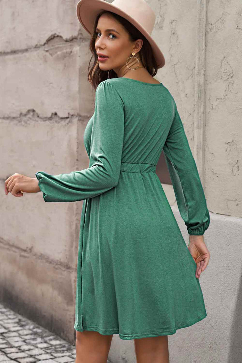 Scoop Neck Empire Waist Long Sleeve Mini Dress