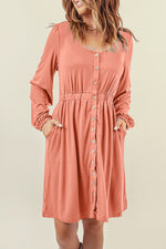 Button Down Long Sleeve Dress with Pockets- 3 Colors