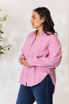 Texture Button Up Raw Hem Long Sleeve in Pink