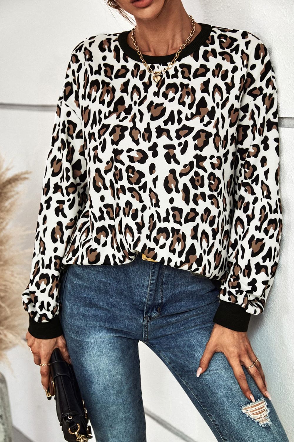 Leopard Round Neck Dropped Shoulder Sweatshirt