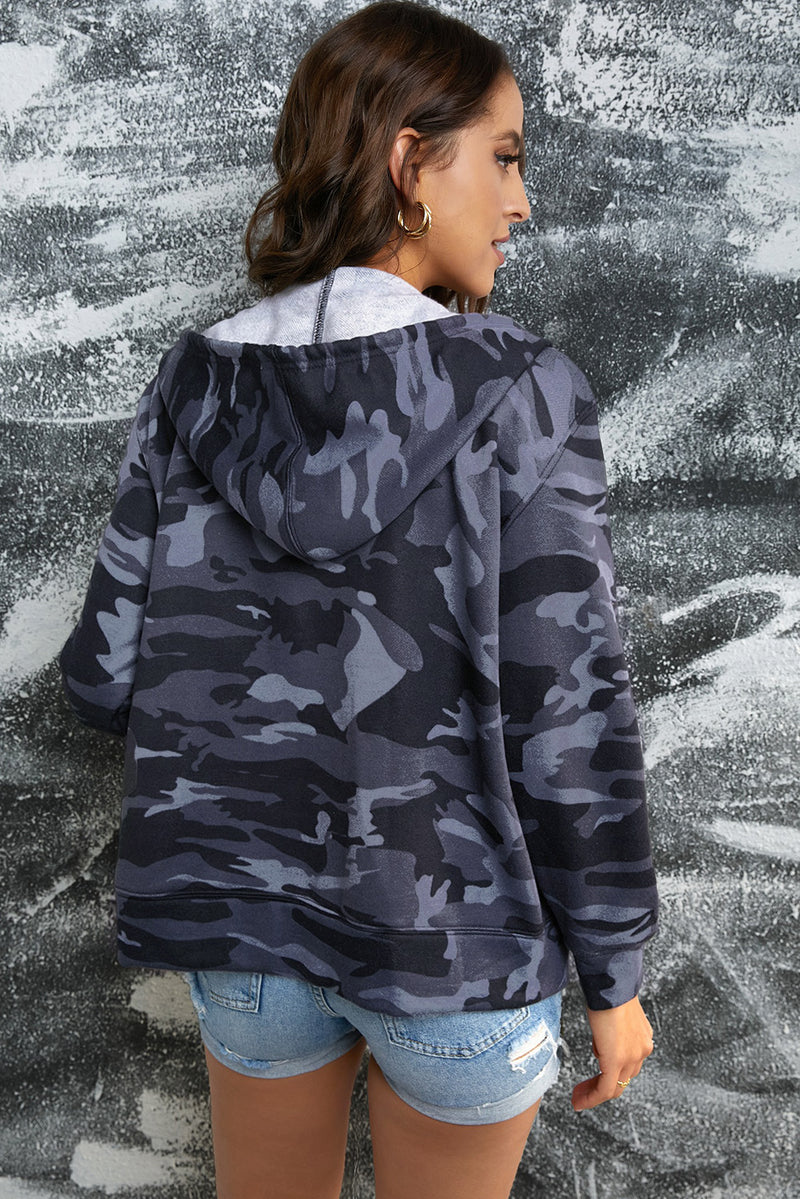 Camouflage Drawstring Detail Zip Up Hooded Jacket