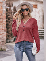 Buttoned Notched Neck Long Sleeve Top