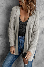 Openwork Rib-Knit Slit Cardigan with Pockets