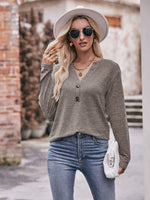 Buttoned Notched Neck Long Sleeve Top