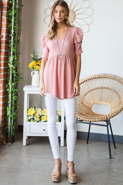 Waffle Knit V-Neck Baby Dolll Top