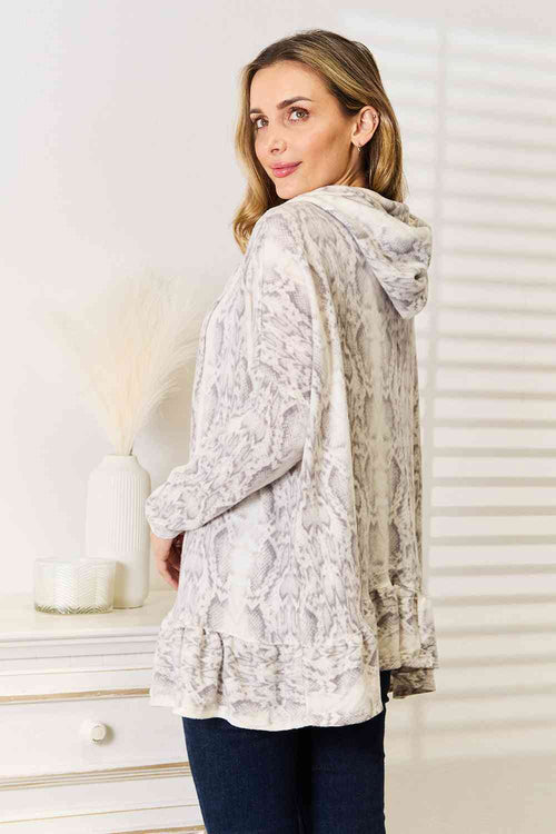 Aurora Snakeskin Print Ruffle Hem Hoodie