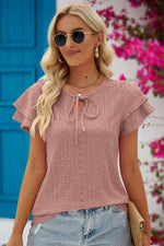 Riley Eyelet Tie-Neck Flutter Sleeve Blouse