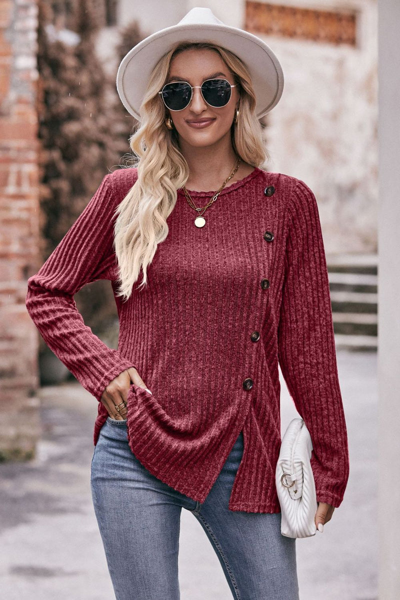 Desiree Ribbed Buttoned Long Sleeve Tee