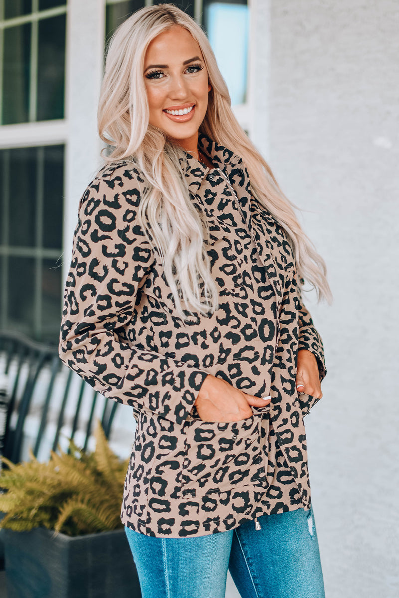 Leopard Drawstring Waist Jacket with Pockets