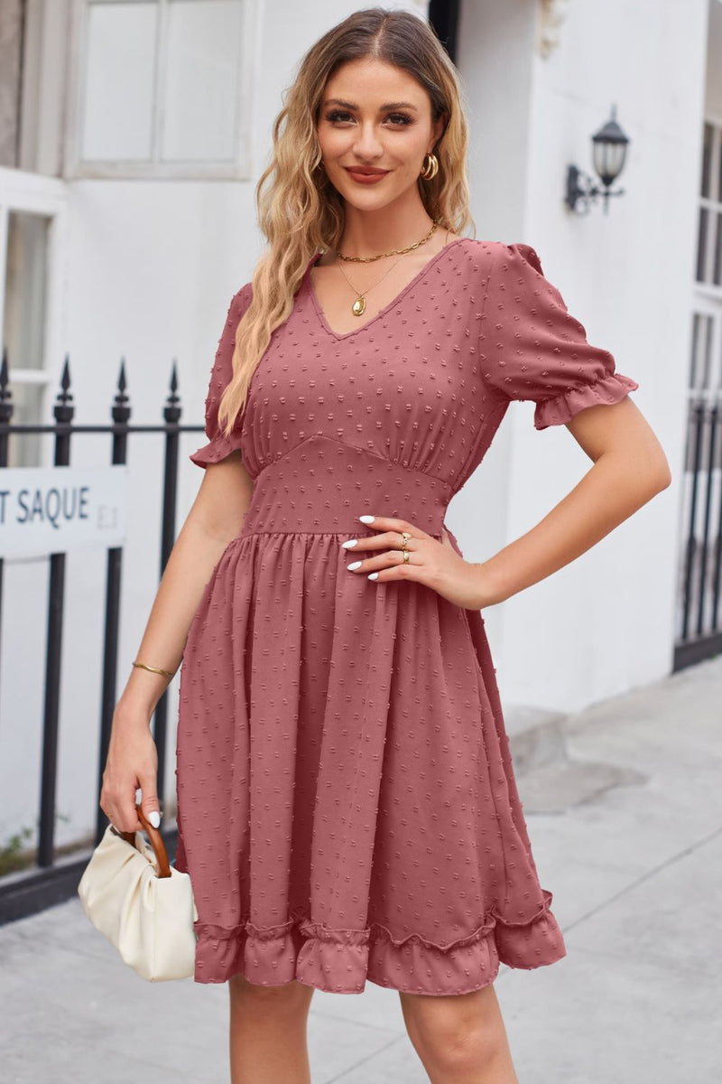 Swiss Dot Flounce Sleeve V-Neck Dress