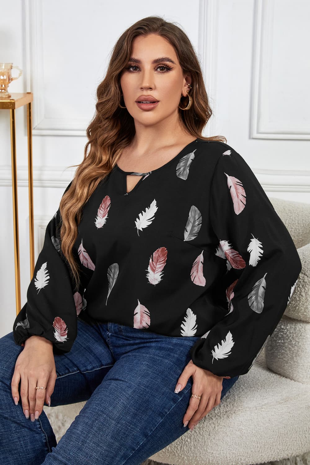 Plus Size Printed Long Sleeve Cutout Blouse