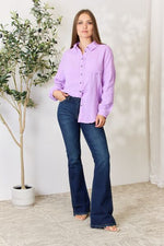 Texture Button Up Raw Hem Long Sleeve in Light Purple